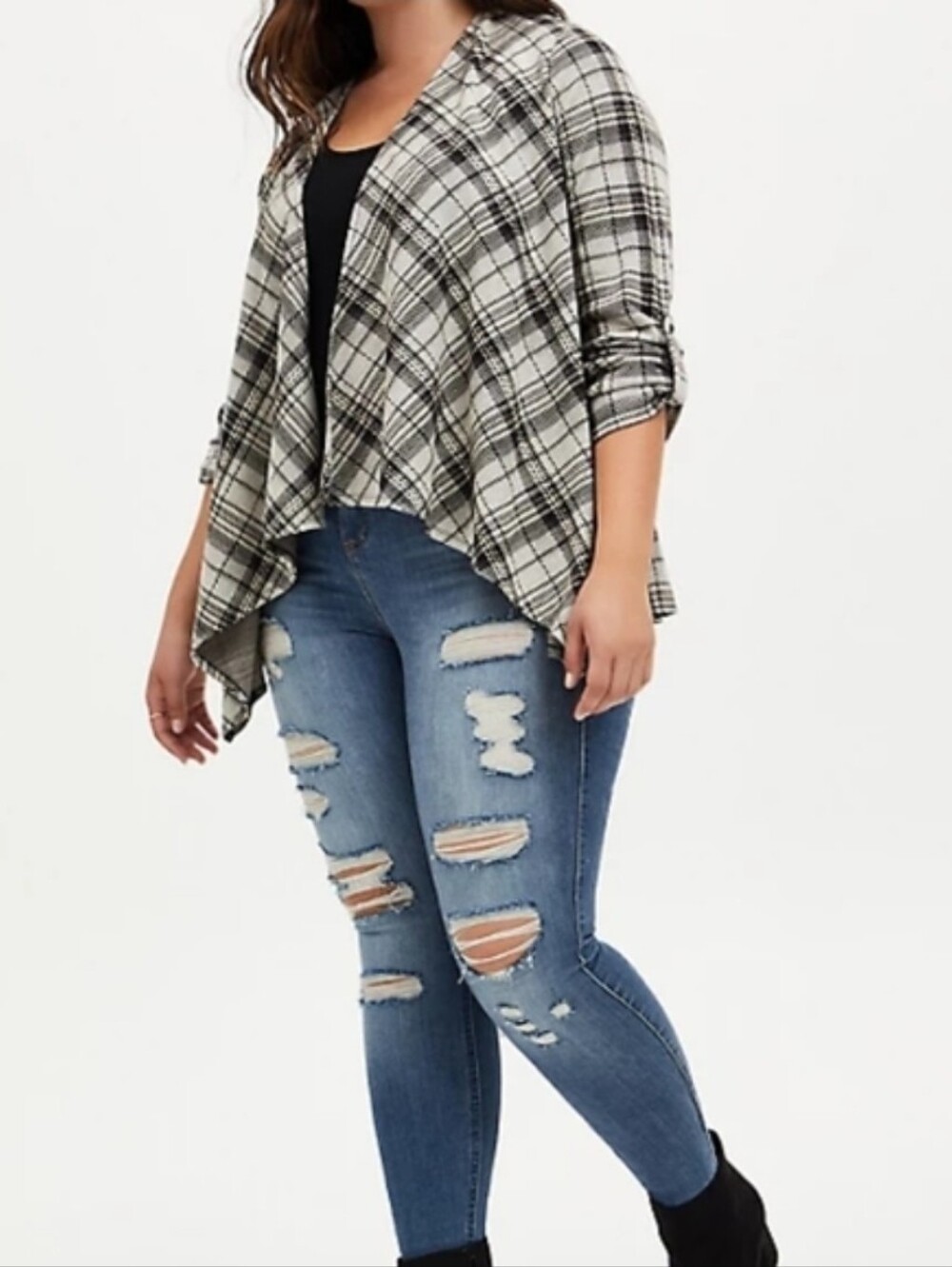Torrid Black & Ivory Plaid Roll-Tab Open Front Draped Cardigan - Size 0